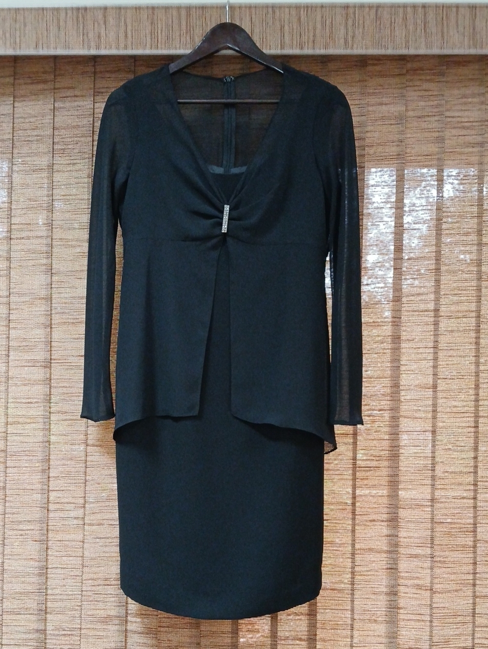 Evan Picone Black Long-Sleeve Sheer Overlay Dress with Rhinestone Accent